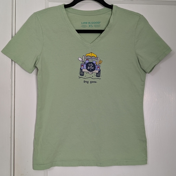 Life is Good Dog Gone Jeep V-Neck Tee XS Sage Green - Picture 1 of 5